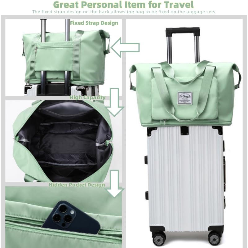 Large Capacity Foldable Travel Bag, Expandable lightweight Carry on Bag, Dry with Wet Separation Spor Duffel Bags (Light Green) - color: Light Green