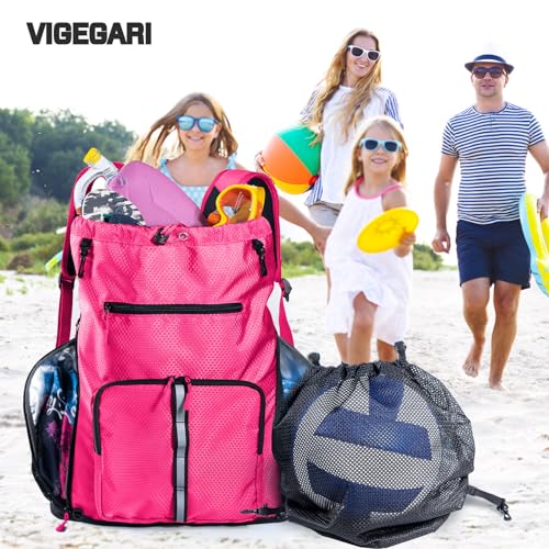 Large Beach Backpack Waterproof Sandproof - Customized Oversized Drawstring Pool Bag with Shoe Compartment for Toiletries, Towels, Gym, Travel - color: Pink