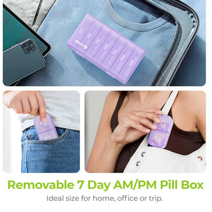 AUVON XL Weekly Pill Organizer 2 Times a Day, Pill Box 7 Day with One-Side Large Openings for Easy to Use, Black Privacy Protection AM PM Pill Case for Medication, Vitamins, Fish Oils, Supplements - color: Light Purple