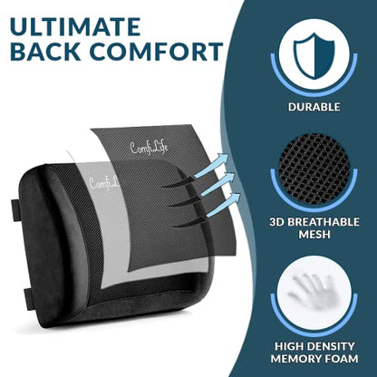 ComfiLife Lumbar Support Back Pillow Office Chair and Car Seat Cushion - Memory Foam with Adjustable Strap and Breathable 3D Mesh (Black) - color: Black