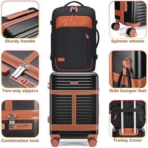 Lumesner 5 Piece Luggage Sets with Travel Backpack, 20" Carry On Hardside Spinner Suitcases, TSA Lock, Durable PC (Black, 5 piece set (20inch)) - color: Black(20inch-5piece Set)