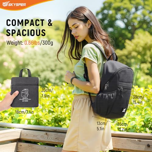 SKYSPER Anti Theft Hiking Backpack, 18L RFID Packable Travel Daypack, Lightweight Foldable Back Pack for Walking Daytrip - color: Black