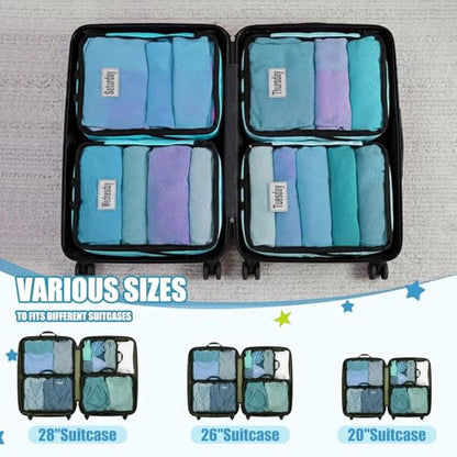 7 Pcs Packing Cubes for Travel Days of Week Compression Packing Cube with Labels Organizers Luggage Storage Bag(Blue,Large) - color: Blue