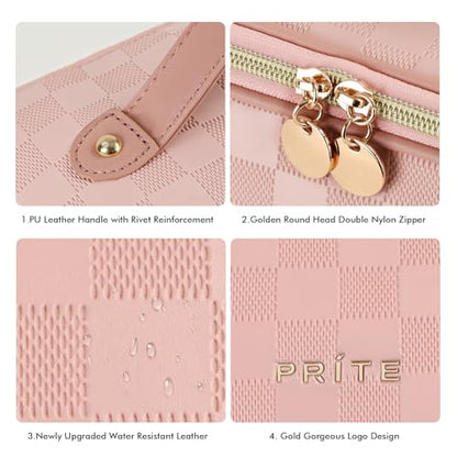 Prite Makeup Bag for Women Travel Waterproof Vegan Leather Cosmetic Bag Open Flat Toiletry Bag With Clear Divider and Handle (Plaid Pink, Medium) - color: Plaid Pink, size: Medium