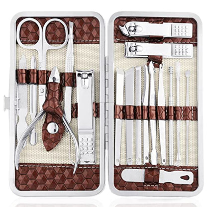 Nail Clippers Set 18 Pieces Stainless Steel Manicure Kit, Professional Grooming Kits, Nail Care Tools with Luxurious Travel Case - color: Brown