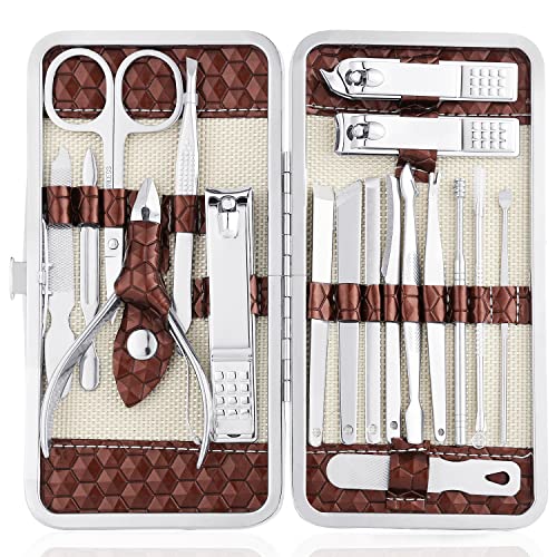 Nail Clippers Set 18 Pieces Stainless Steel Manicure Kit, Professional Grooming Kits, Nail Care Tools with Luxurious Travel Case - color: Brown
