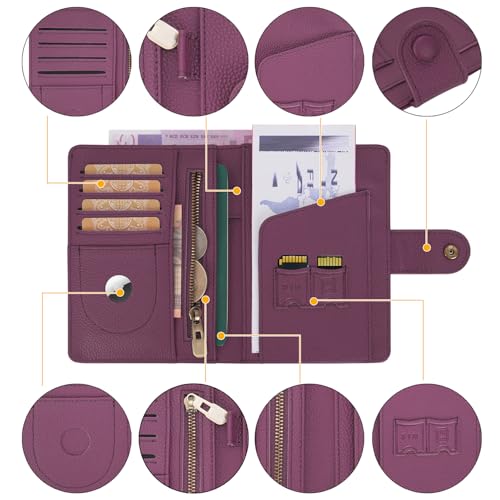 WASON Leather Passport Cover Wallet - Travel Passport Holder with RFID, Card Slots, Cash Pocket, Coin Purse, Tracker Slot, Boarding Pass and Ticket Organizer for Men and Women (Purple) - color: Purple