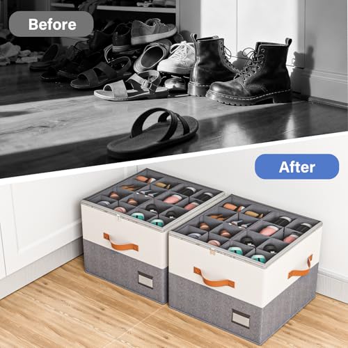 Dayacoco 2 Pack Shoe Organizer for Closet, Fits Up to 16-32 Pairs, Foldable Shoe Storage Organizer, Shoe Containers with Clear Cover, Large Shoe Boxes Boot Storage, Adjustable Dividers
