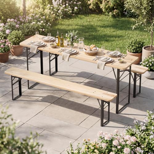 Tangkula 3 Piece Folding Picnic Table with 2 Benches, Foldable Wood Picnic Table Bench Set with Heavy-Duty Metal Frame for 6, Space-Saving Outside Table and Bench Set for Backyard, Patio, Garden
