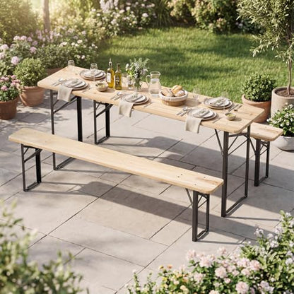 Tangkula 3 Piece Folding Picnic Table with 2 Benches, Foldable Wood Picnic Table Bench Set with Heavy-Duty Metal Frame for 6, Space-Saving Outside Table and Bench Set for Backyard, Patio, Garden