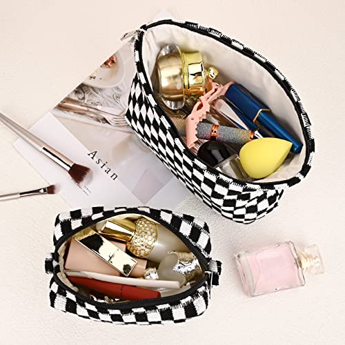 SOIDRAM 2 Pieces Black Makeup Bag Large Checkered Cosmetic Bag Capacity Canvas Mix Travel Toiletry Bag Organizer Cute Makeup Brushes Aesthetic Accessories Storage Bag for Women, Checkered Mix Black - color: Black