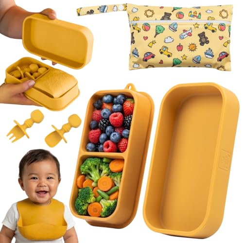Baby Travel Essentials 6 Pc Silicone Feeding Set - Portable Toddler Plates with Suction, Baby Spoons & Foldable Bib in Carrying Case - BPA-Free Infant & Toddler Utensils for Airplanes & Eating Out - color: Yellow