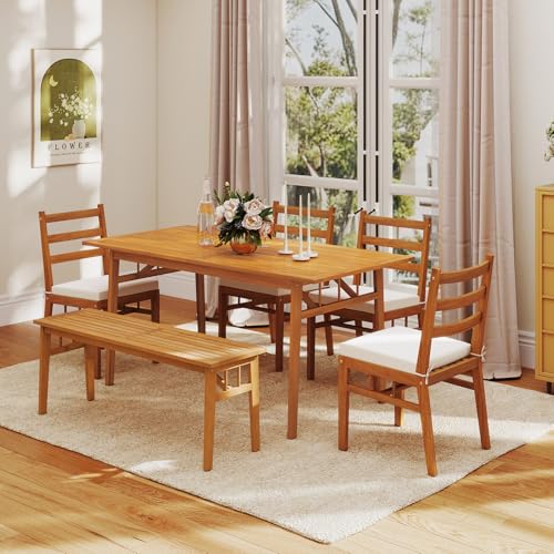 Tangkula 6 Pieces Patio Acacia Wood Dining Set, Outdoor Rectangular Table with 1.97” Umbrella Hole, Bench and Cushioned Chairs for 6, for Deck, Yard and Poolside - size: 6 pieces