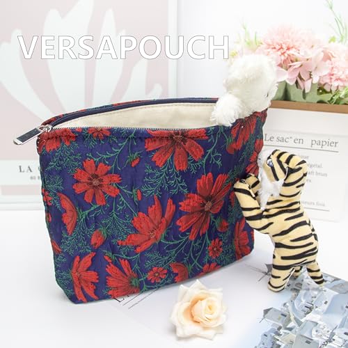 PAZIMIIK Makeup Bag Large Cotton Zipper Pouch for Purse Travel Canvas Make Up Organizer for Women Cosmetic,Brocade Navy Blue - color: Brocade Navy Blue