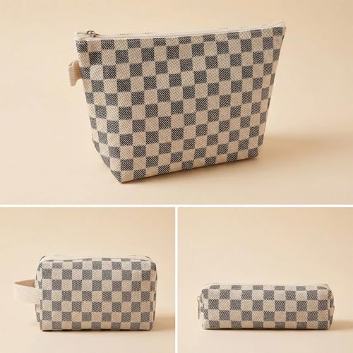 3 Pcs Canvas Makeup Bag Set Checkered Cosmetic Pouch for Women Travel Toiletry Bag Cute Makeup Organizer Purse Pouch Preppy Pencil Case with Zipper (Checkered Black) - color: Checkered Black