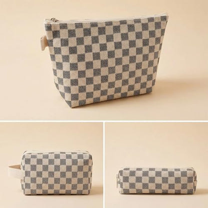 3 Pcs Canvas Makeup Bag Set Checkered Cosmetic Pouch for Women Travel Toiletry Bag Cute Makeup Organizer Purse Pouch Preppy Pencil Case with Zipper (Checkered Black) - color: Checkered Black
