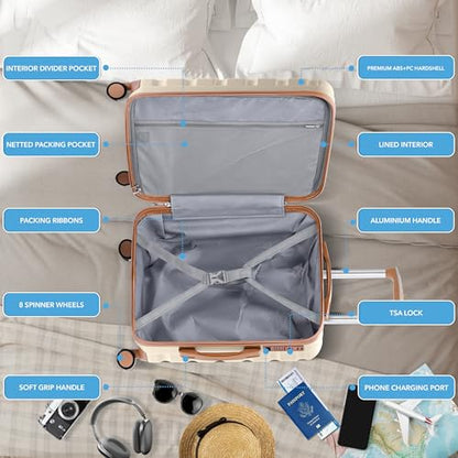 Flight Knight 22x18x10 Expandable Carry On Suitcase Hardside TSA Lock & USB C Port Lightweight Luggage Silent Double Spinner Wheels Maximum Spirit Overhead Carry-On Bag Airlines Approved Cream - color: Cream/Tan, size: 22x18x10"