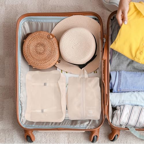 Alipis 7pcs Waterproof Travel Packing Cubes Set for Women Large Capacity Suitcase Organizer Bags Beige Compression Travel Accessories for Luggage and Backpack