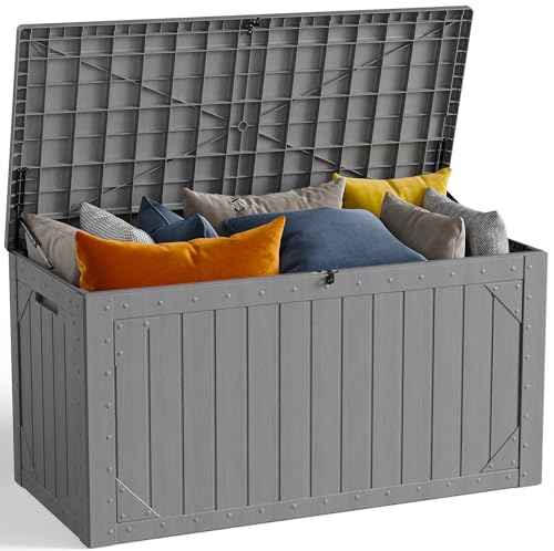 100 Gallon Outdoor Storage Box, Waterproof Resin Deck Box Organizer for Patio Cushion Storage, Lockable Outside Container for Garden Tools - color: Grey, size: 100 Gallon