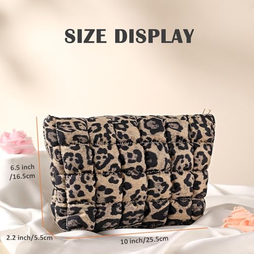 Puffy Quilted Makeup Bag for Women, Cosmetic Bag, Travel Toiletry Organizer Pouch Clutch (Brown Leopard) - color: Brown Leopard