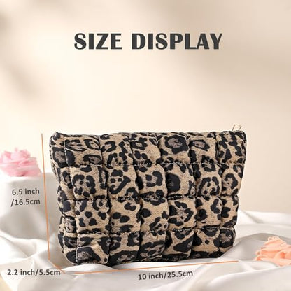 Puffy Quilted Makeup Bag for Women, Cosmetic Bag, Travel Toiletry Organizer Pouch Clutch (Brown Leopard) - color: Brown Leopard