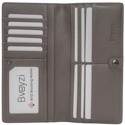 Bveyzi Ultra Slim Thin Leather RFID Blocking Credit Card Holder Bifold Clutch Wallets for Women - color: Grey