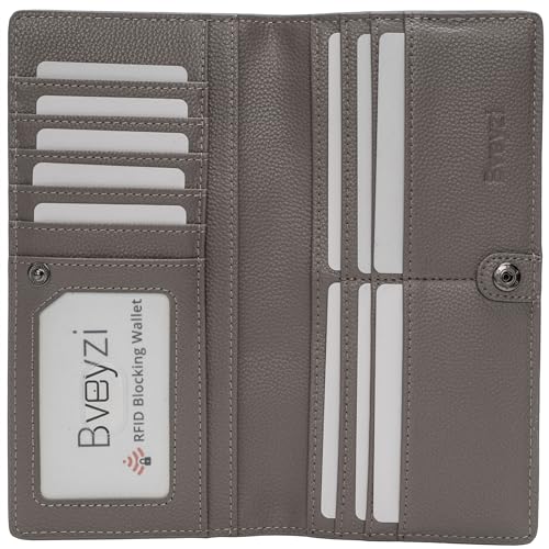 Bveyzi Ultra Slim Thin Leather RFID Blocking Credit Card Holder Bifold Clutch Wallets for Women - color: Grey