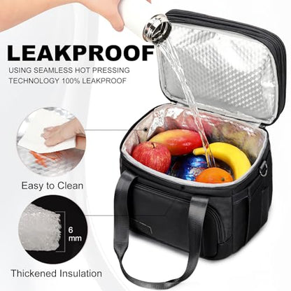 MAPLELILY Lunch Box for Men Women - Double Deck Insulated Lunch Bag, Large Leak Proof Tote Cooler, Wide Open Dual Compartment Lunch Bags with Shoulder Strap, For Work Picnic Hiking Beach, Black - color: Black