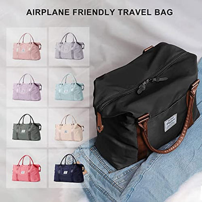 Sport Travel Duffle Bag Large Gym Tote Bag for Women, Weekender Bag Carry on Bag for Airplane, Ladies Beach Overnight Luggage Bag with Wet Pocket Black Large - color: Black with Brown Handle