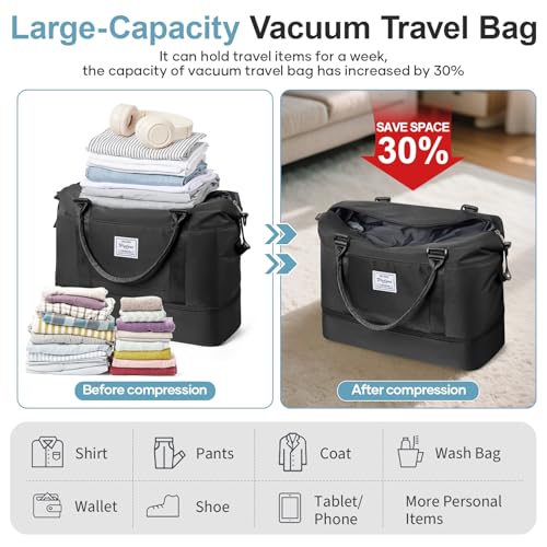 Overnight Weekender Bags for Women,Vacuum Travel Duffel Bag with Air Pump, Personal Item Travel Bag with Shoes Compartment & Compression Pocket,Black - color: A-Black with Air Pump, size: Large