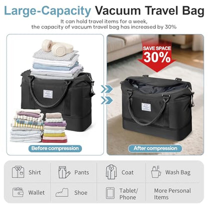 Overnight Weekender Bags for Women,Vacuum Travel Duffel Bag with Air Pump, Personal Item Travel Bag with Shoes Compartment & Compression Pocket,Black - color: A-Black with Air Pump, size: Large