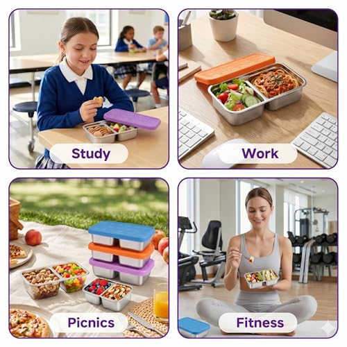 3-Pack Stainless Steel Snack Containers with Lid - 15oz Divided BPA-Free Metal Bento Box - Leak-Proof Reusable Food Storage Containers for Meal Prep Picnic Gym Office - Eco-Friendly, Dishwasher Safe