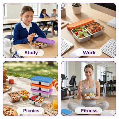 3-Pack Stainless Steel Snack Containers with Lid - 15oz Divided BPA-Free Metal Bento Box - Leak-Proof Reusable Food Storage Containers for Meal Prep Picnic Gym Office - Eco-Friendly, Dishwasher Safe