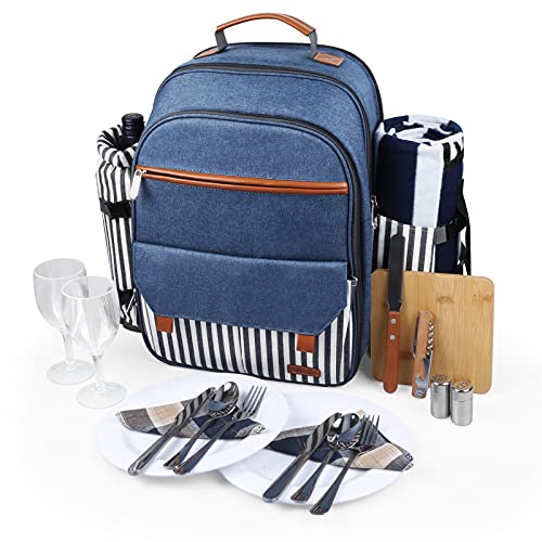 Sunflora Insulated Picnic Backpack for 2 Person Bag with Cooler Compartment, Blanket and Stainless Steel Cutlery Set for Couple, Lovers and Friends (Blue & Stripe) - color: Blue & Stripe, size: 2 person