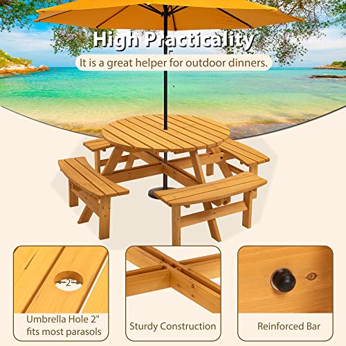 Round 8 Person Wooden Picnic Table Sets Outdoor Camping Dining Table with Seat Garden DIY w/4 Built-in Benches 2220lb Capacity - Natural - color: Natural-8-round