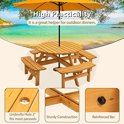 Round 8 Person Wooden Picnic Table Sets Outdoor Camping Dining Table with Seat Garden DIY w/4 Built-in Benches 2220lb Capacity - Natural - color: Natural-8-round