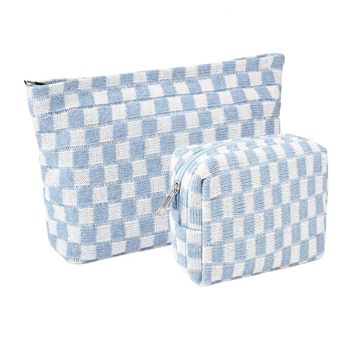 2 Pieces Makeup Bag Set, Small Blue Checkered Cosmetic Bag Travel Toiletry Organizer Mini Cosmetic Pouch Case Makeup Brushes Cute Quilted Aesthetic Accessories Storage Bag for Women - color: Large+Mini Blue