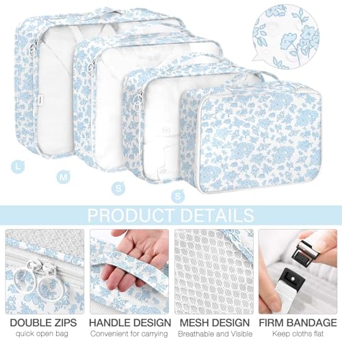 8 Set Packing Cubes for Travel, Luggage Packing Organizers Accessories Large Toiletries Bag for Clothes Shoes Cosmetics (Blue Flower) - color: 8Set-Blue Flower