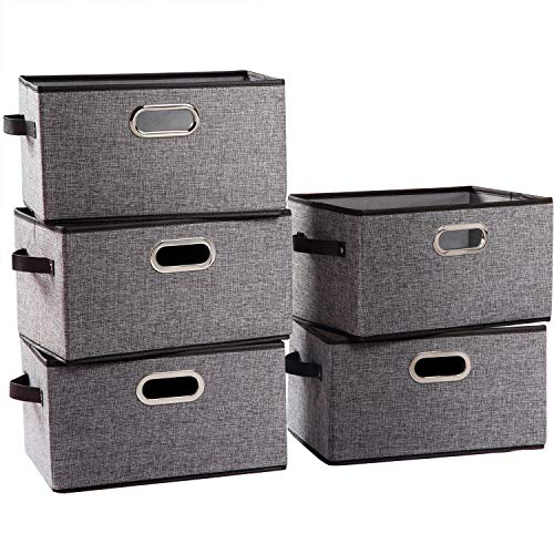 PRANDOM Large Collapsible Storage Baskets for Closet [5-pack] Decorative Fabric Storage Bins Cubes with Leather/Metal Handles for Shelves Bedroom Living Room Grey (14.9x9.8x8.3 Inch) - color: Grey&black Trim, size: Large(5-Pack)