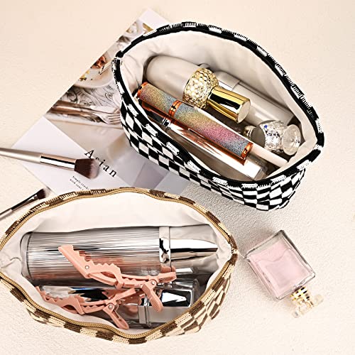 SOIDRAM 2 Pieces Makeup Bag Large Checkered Cosmetic Bag Capacity Canvas Travel Toiletry Bag Organizer Cute Makeup Brushes Aesthetic Accessories Storage Bag for Women, Checkered L Black Brown - color: Black & Brown