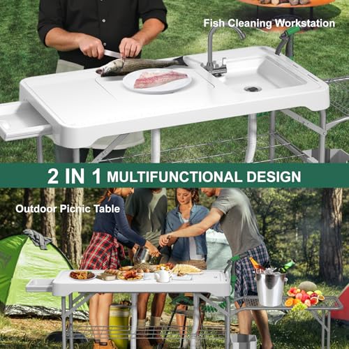 42.5" Fish Cleaning Table with Dual Sink, Portable Folding Camping Table with Foldable Extension Stand, Faucet, Sprayer, Grid Rack, Hose Hook Up & Knife Groove, Outdoor Sink Station for Picnic - style: Fish cleaning table with extension stand