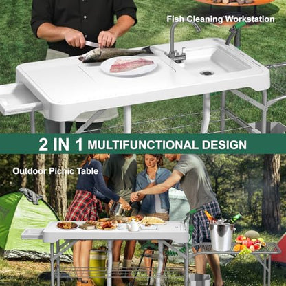 42.5" Fish Cleaning Table with Dual Sink, Portable Folding Camping Table with Foldable Extension Stand, Faucet, Sprayer, Grid Rack, Hose Hook Up & Knife Groove, Outdoor Sink Station for Picnic - style: Fish cleaning table with extension stand