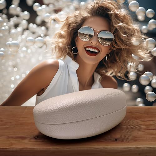MyEyeglassCase® Large Hard Sunglasses Case | fits Large curved Sunglasses, with microfiber bag and cleaning cloth - color: Pearl /Cream