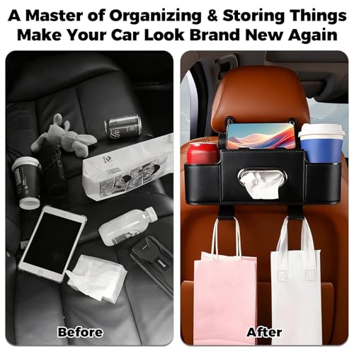 4-in-1 Car Organizer Back Seat,Upgraded Multifunctional Back Seat Car Organizer,Partition Design,Multi-Hanging Storage Box with 2 Cup Holders,Tissue Box, for Hold Mobile Phone(Black)