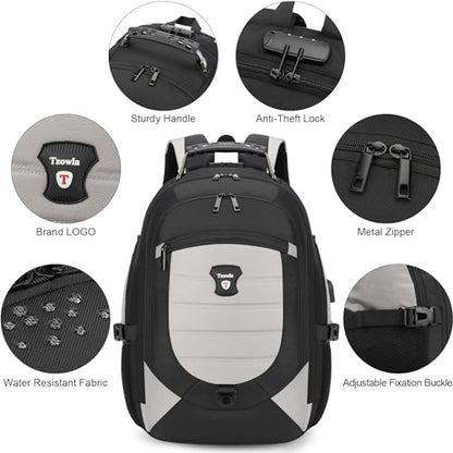 Tzowla Travel Laptop Backpack for Men&Women,17.3" Computer Water Resistant Anti Theft TSA Friendly Backpacks with Lock and USB Charging Port,College Business Work Hiking Bookbag Daypack,Light Grey