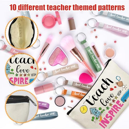 60pcs Teacher Appreciation Gifts Set，Teacher Survival Kit Canvas Makeup Bags for Women, Silicone Keychain Pouch Cosmetic Bag Travel Toiletry Bag for Thank You Gift - style: Teacher 60pcs