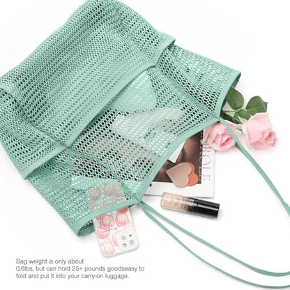 KPX Beach Bag with Mini Pocket, Summer Beach Tote Bags for Women Large Foldable Mesh Swimming Pool Travel Bags - Sandproof - color: Ash Green