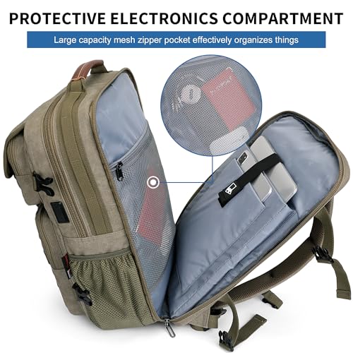 WITZMAN Travel Backpack for Men Large Canvas Laptop Backpack Fit 16 inch Carry on TSA Friendly Flight Approved Vintage Rucksack for Traveling(A8012 Army Green) - color: Army Green