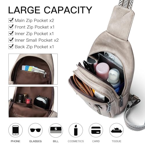 LATMAP 7L Sling Bag for Women Men Leather Small Sling Backpack Daypack Anti Theft Fanny Pack Crossbody Purse Travel - color: Regular Size-greyish