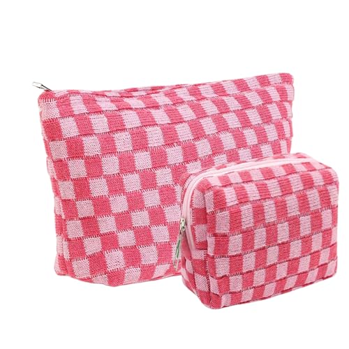 2 Pieces Makeup Bag Set, Small Pink Checkered Cosmetic Bag Travel Toiletry Organizer Mini Cosmetic Pouch Case Makeup Brushes Cute Quilted Aesthetic Accessories Storage Bag for Women - color: Large+Mini Pink